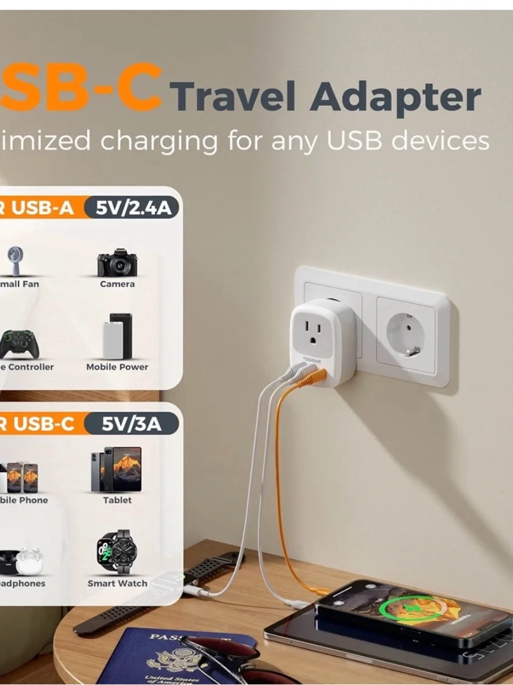 White Type C Power Adapter with Dual USB Ports